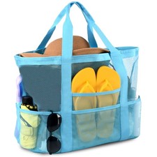 Mesh Beach Bag,Large Beach Bags for Women with 8 Pockets,Packable Tote Bag fo...