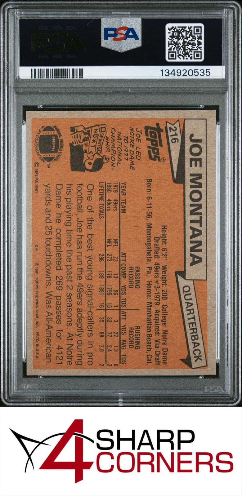 1981 TOPPS #216 JOE MONTANA RC 49ERS HOF PSA 6 view 2
