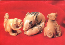 Japanese Netsuke Postcard Ivory & Boxwood Carvings Parent and Child of Animal