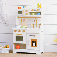 White Wooden Play Kitchen for Kids with Ice Maker, Sink, Stove and Storage Sma