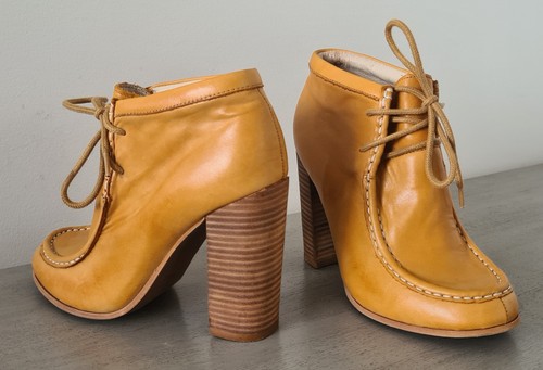 Wittner Lace Up High Heel Booties 7 Mustard Yellow Leather - Picture 2 of 14