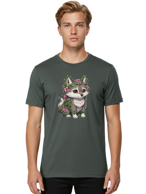 Husky-With-Cherry-Blossoms Mens Graphic Tee, 100% Cotton, Casual Summer Wear