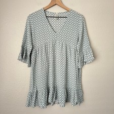 Mahina Womens Blue Ruffle Mini Dress Tiered 3/4 Sleeve V-Neck Dress Size Medium