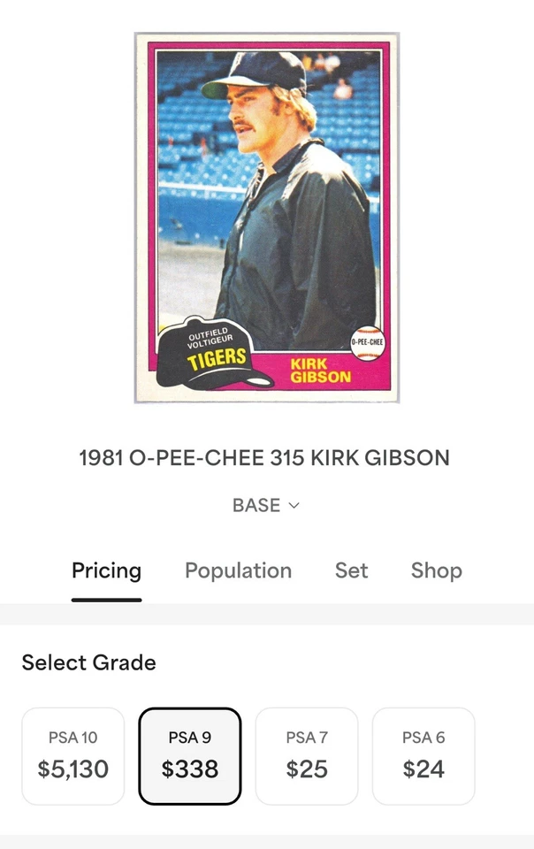 1981 O-Pee-Chee - Kirk Gibson #315 (RC) PSA 9 (MC) Rookie Card Dodgers Tigers WS - Image 3 of 4