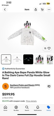 RARE! A Bathing Ape Bape Panda White Glow In The Dark Camo Full