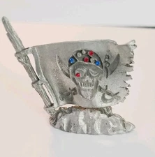 VTG SIGNED GARY NEELEY PEWTER JOLLY ROGER PIRATE FLAG RHINESTONE ACCENT DECOR 