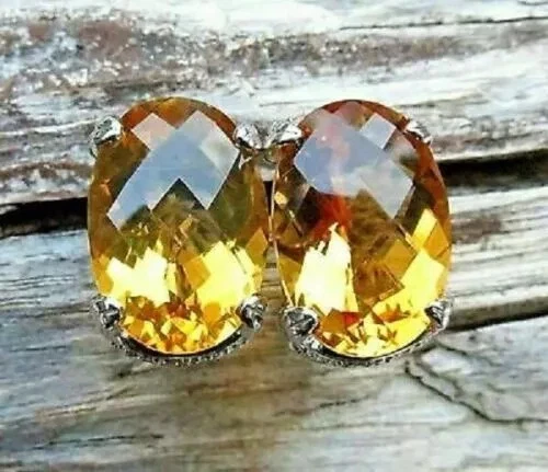 6Ct Oval Citrine Solitaire Women's Omega Back Stud Earrings 14K White Gold Over - Image 4 of 4