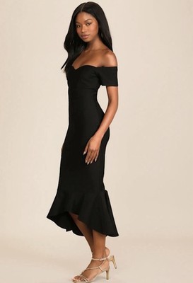 sweetheart off shoulder bodycon midi dress Black Off-the-Shoulder Midi Dress | Womens | X-Large (Available in S, L) | 100% Polyester | Lulus Exclusive