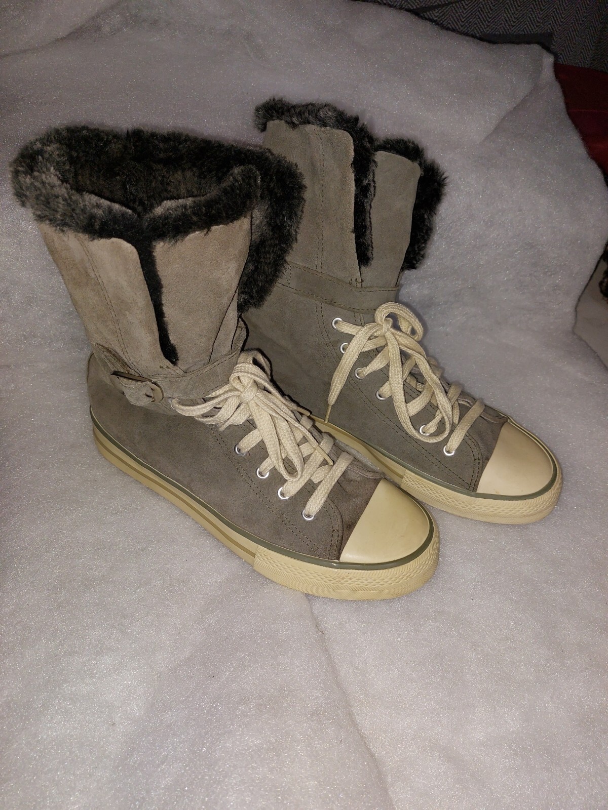 Vintage MOTO  women's grey suede hi top fur trimmed baseball Boots size UK7 EU40 image 3