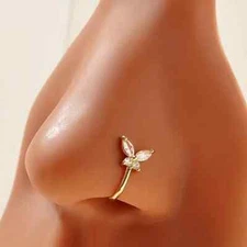 Rhinestone Butterfly U-shaped Fake Nose Ring Non-Piercing Sexy Clip on Golden