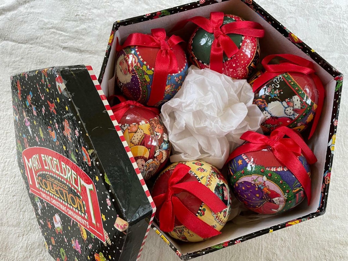 Boxed Set~12 Mary Engelbreit Christmas Collection BALL ORNAMENTS 