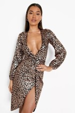 BOOHOO Leopard Sequin Twist Front Midi Party Dress Black & Rose Gold UK 10