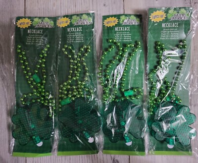 LED St Patricks Day (4) 4-Leaf Clover Lucky Charm Necklace IT LIGHTS UP! 20 in. 