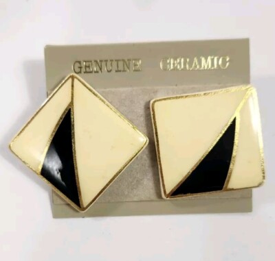 Vintage Genuine Ceramic Art Deco FA Style Black And White Pierced  Earrings NEW!