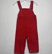 Vintage Sears Perma-Prest Overalls Medium Red Embroidered Fish Blue Buttons