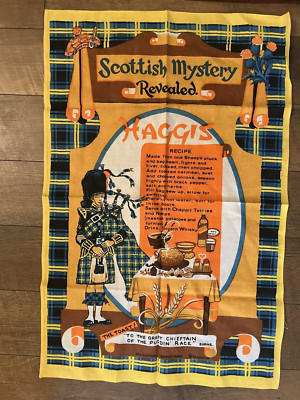 Vintage Scottish Cotton Kitchen Tea Dish Towel Haggis Mystery Recipe Scotland