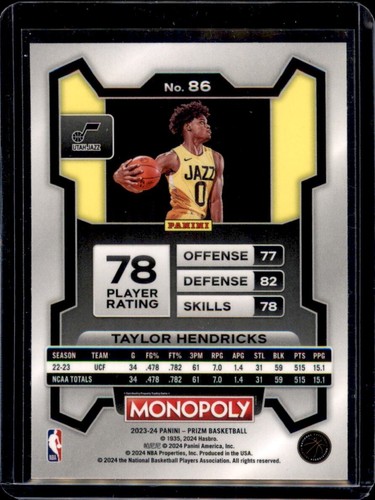 2023-24 Monopoly Prizm #86 Taylor Hendricks RC Jazz Basketball Karte Kostenloser Versand - Bild 2 von 2