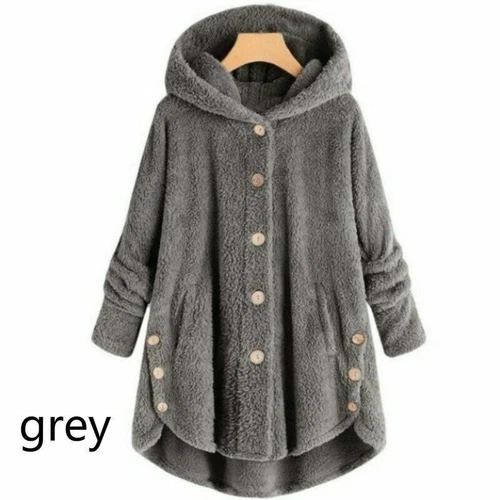 Damen Kapuzen Mantel Jacke Tops Hoodies Flauschig Fleece Kunstfell Plüsch Knopf Vintage - Bild 19 von 28