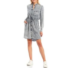 CLOTH & STONE Women's Acid Wash Frayed Banded Collar Button-Up Long Sleeve Mini