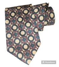 Vintage BURBERRYS Pure Silk Neck Tie London Bubble Circle Design Blue Beige