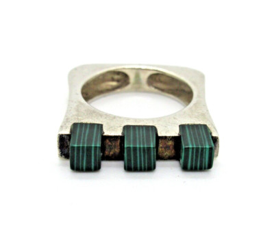 MEGA DESIGNER Ring 925 Silber Malachit Triplett Bauhaus Art Atelier Arbeit RG52