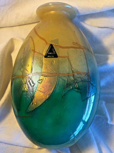 Art Glass Vase Malta Signed Yellow Green Iridescent Vintage - Picture 4 of 12