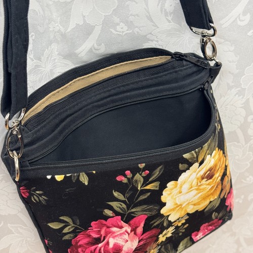 Roses Crossbody Purse Bag Handmade Fabric Canavs Bag Adjustable Strap Black - Picture 6 of 8