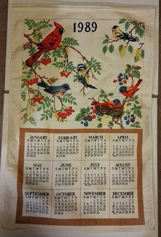 1989 LINEN WALL HANGING CALENDAR BIRDS 
