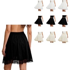 Women Chiffon Half Slips Lace Patchwork Elastic Waistband Under Dress Underskirt