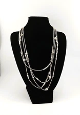 Chico’s 40" Silver Tone Multi-Strand Beaded Necklace Crystal Ball Accents Adjust