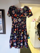 LuLaRoe Amelia Dress Small Navy Blue Floral Bird Print A-Line Fit & Flare