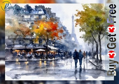 Paris Straßenszene 5x7 Druck auf mattem Papier | Eiffelturm Aquarell Kunst