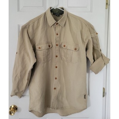 OTE Hempsport Men Large Hemp Ramie Safari Utility Shirt Tan Roll Tab Sleeves