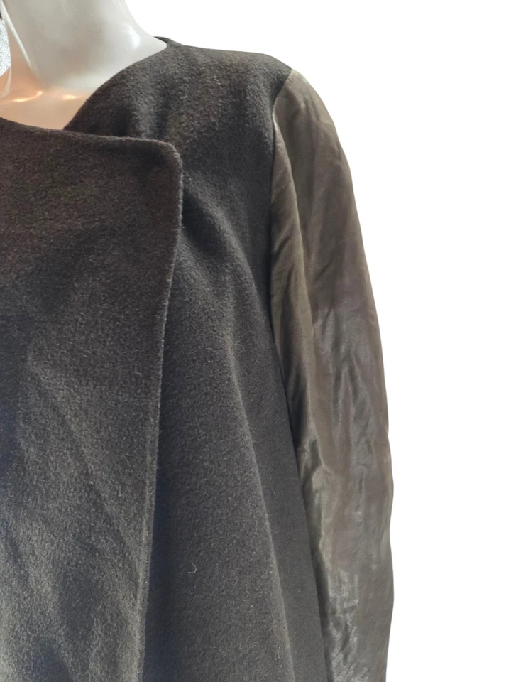 Vince Women's Coat Large Military Green Wool Leather Trim Vintage Draping - Image 3 of 4