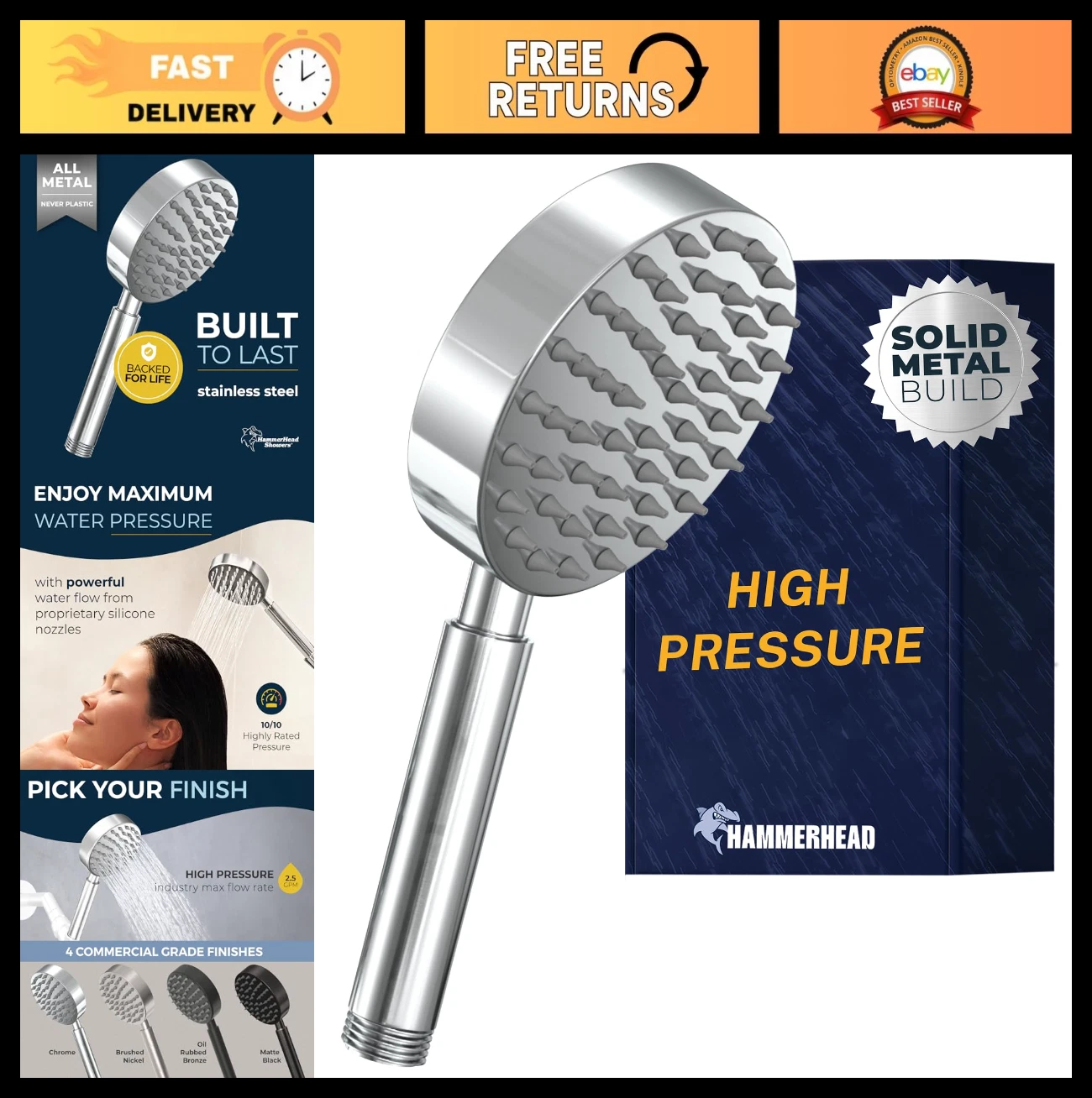 High Pressure Handheld Shower Head - 4 Inch Chrome Metal Spray Wand, 2.5 GPM, 30