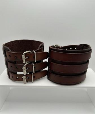 Men's Genuine Leather Three Strap Bracelet, Punk Cuff Gauntlet Biker, 3'' wide.A1