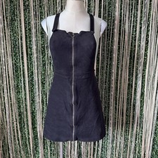 Black Faux Suede Mini Dress with Front Zipper and Adjustable Straps