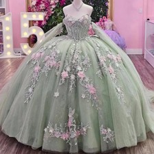 Green Quinceanera Dresses Off The Shoulder Applique Flower Beading Crystal Tull