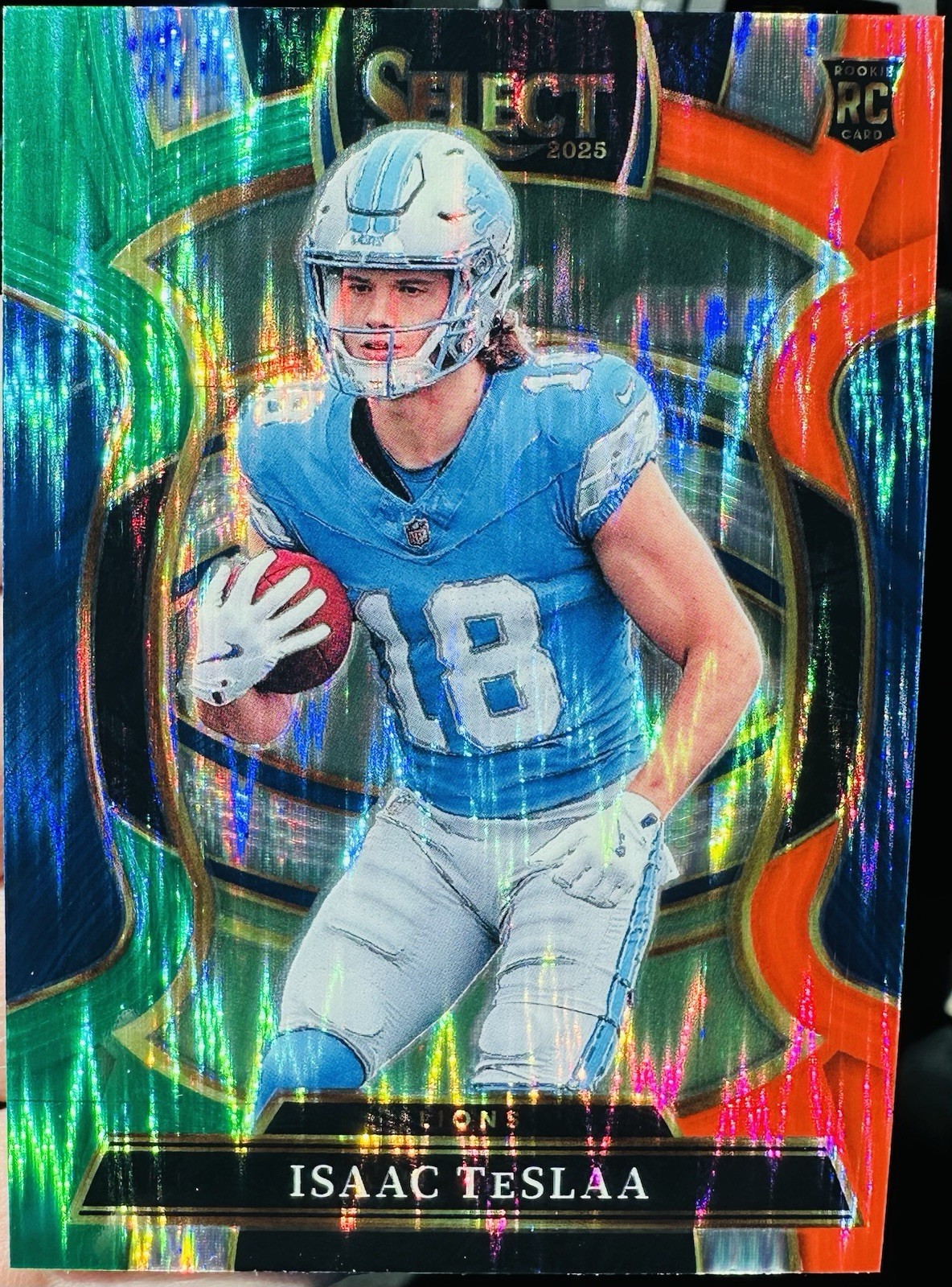 2025 Panini Select Green & Red Prizm Shock ISAAC TESLAA #70 (RC) DETROIT LIONS