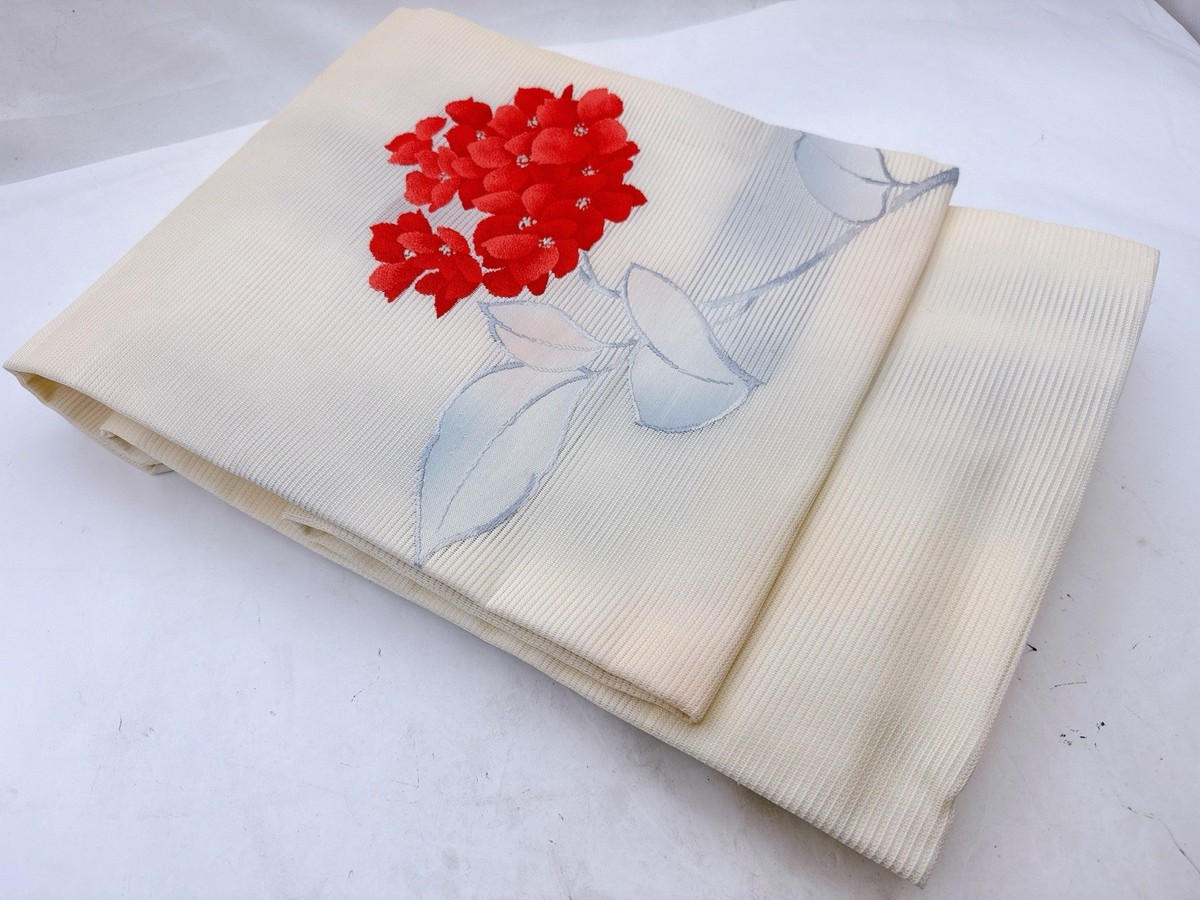 Vintage Japanese Nagoya Obi Kimono Belt Cream White w/ Red  display picture 2