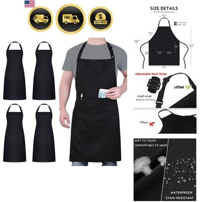 Waterproof Chef Apron Black Adjustable Pockets 4 Pack Kitchen Cooking