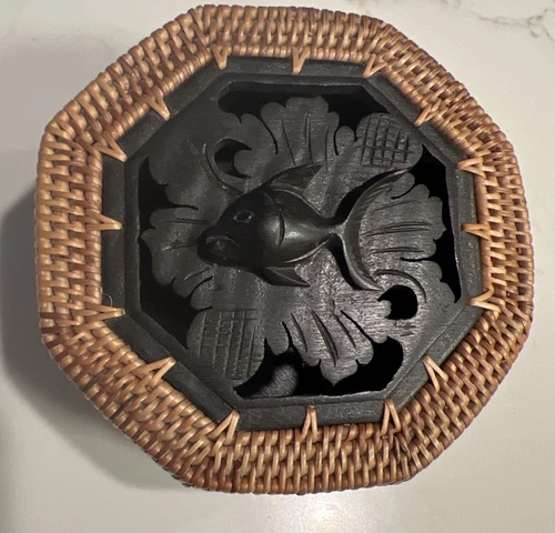 Vintage Indonesian Handmade Basket Box with Hand carved Wood Fish Top