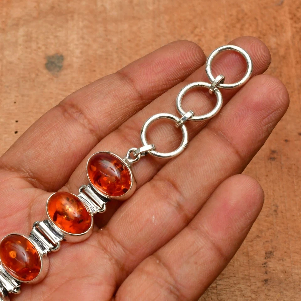 Brazalete de joyería hecha a mano de plata de ley 925 con piedras preciosas de ámbar báltico (creado en laboratorio) Foto 4 de 4