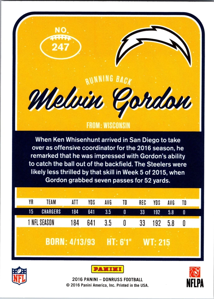 2016 Donruss #247 Melvin Gordon - Image 2 of 2