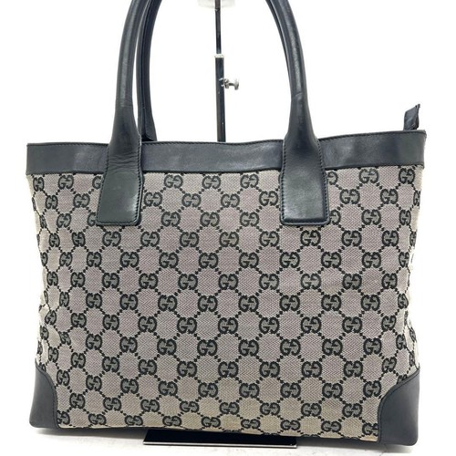 GUCCI GG Canvas Leather Black Brown Tote Handbag Shoulder Bag Authentic