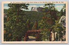 Linen Postcard Mt. Rushmore from Spiral Bridge Iron Mountain Rd