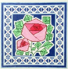 2 Pink Roses on Blue Border Design handpainted 13 mesh Needlepoint Canvas by LEE