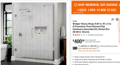 Delta Bridger Nickel Heavy Hinge Frameless Pivot Shower Hardware Assembly Kit