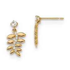 14k Yellow Gold Kids Cubic Zirconia Fern Leaves Post Drop  Dangle Earrings