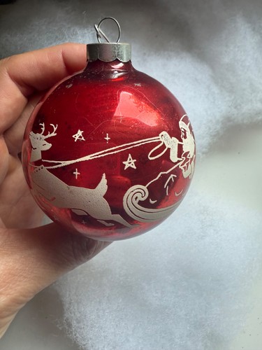 Vintage glänzende rote Schablone Weihnachtsmann Schlitten Rentier Quecksilber Glas Weihnachtsschmuck - Bild 4 von 8